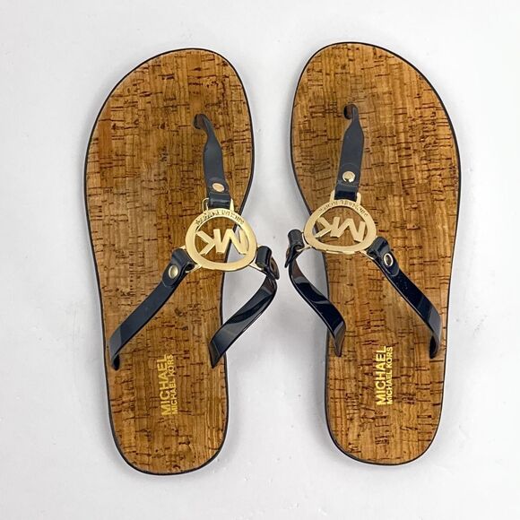 Michael Kors Sandals Womens 7 Black Gold Cork Jelly Thong Flip Flop Logo Slides - Picture 7 of 10